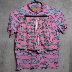 Chubbies Polo Shirt Shorts Set Mens XL Pink Green Alligator Print Swim Trunks